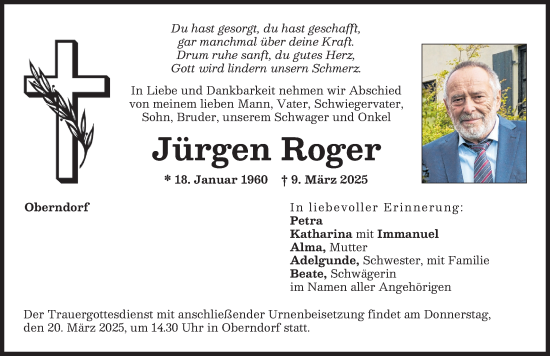 Traueranzeige von Jürgen Roger von Donauwörther Zeitung