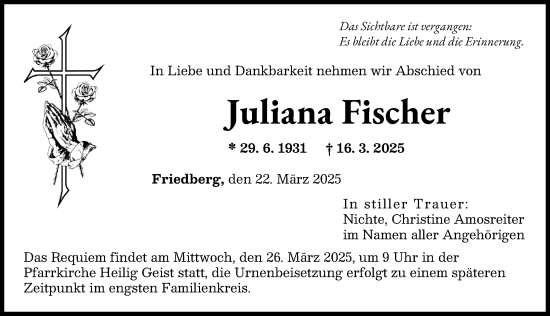 Traueranzeige von Juliana Fischer von Augsburger Allgemeine
