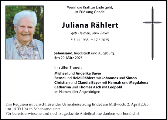 Traueranzeige von Juliana Rählert von Neuburger Rundschau