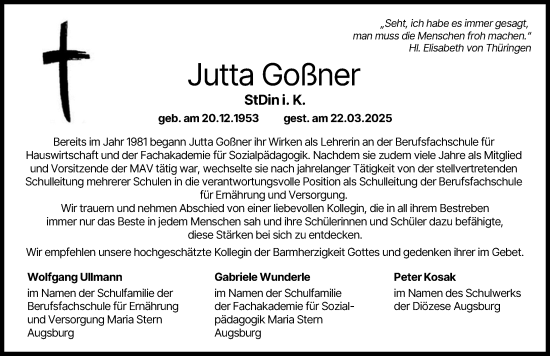 Traueranzeige von Jutta Goßner von Augsburger Allgemeine