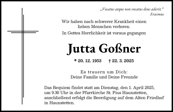 Traueranzeige von Jutta Goßner von Augsburger Allgemeine