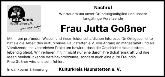 Traueranzeige von Jutta Goßner von Augsburger Allgemeine