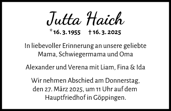 Traueranzeige von Jutta Haich von Günzburger Zeitung