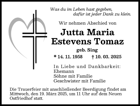 Traueranzeige von Jutta Maria Estevens Tomaz von Augsburger Allgemeine
