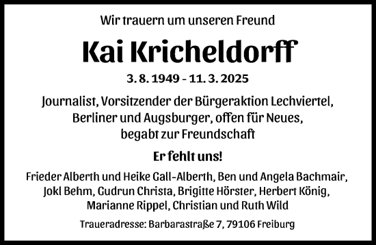Traueranzeige von Kai Kricheldorff von Augsburger Allgemeine