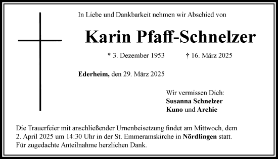 Traueranzeige von Karin Pfaff-Schnelzer von Rieser Nachrichten