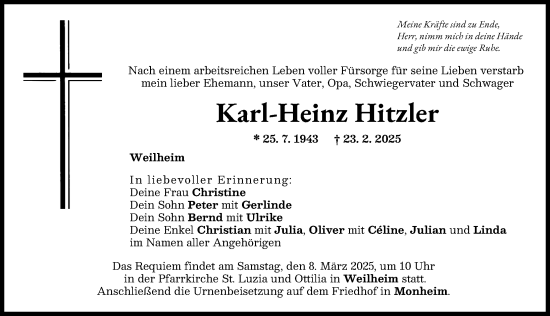 Traueranzeige von Karl-Heinz Hitzler von Donauwörther Zeitung