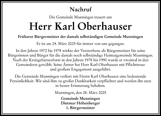 Traueranzeige von Karl Oberhauser von Rieser Nachrichten