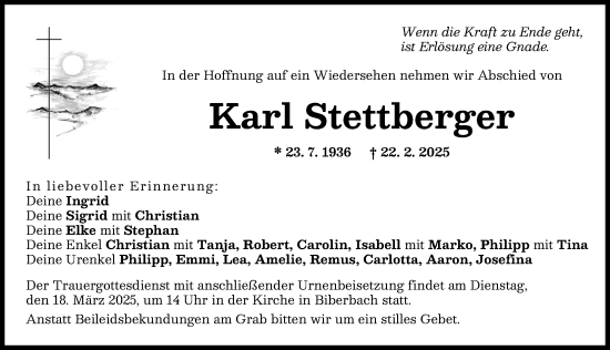 Traueranzeige von Karl Stettberger von Wertinger Zeitung, Augsburg-Land