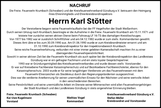 Traueranzeige von Karl Stötter von Mittelschwäbische Nachrichten