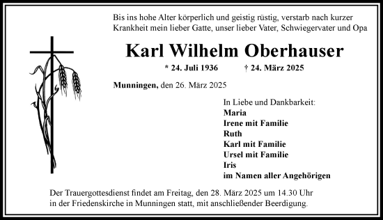 Traueranzeige von Karl Wilhelm Oberhauser von Rieser Nachrichten