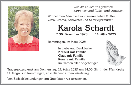 Traueranzeige von Karola Schardt von Mindelheimer Zeitung