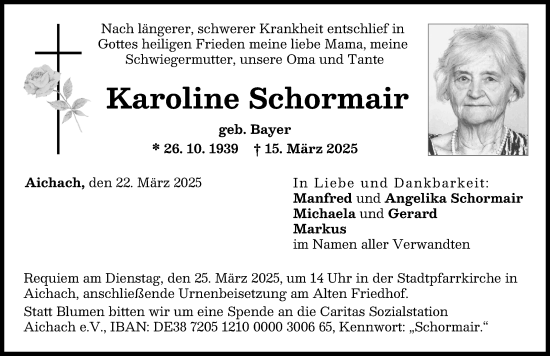 Traueranzeige von Karoline Schormair von Aichacher Nachrichten