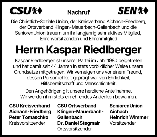 Traueranzeige von Kaspar Riedlberger von Aichacher Nachrichten
