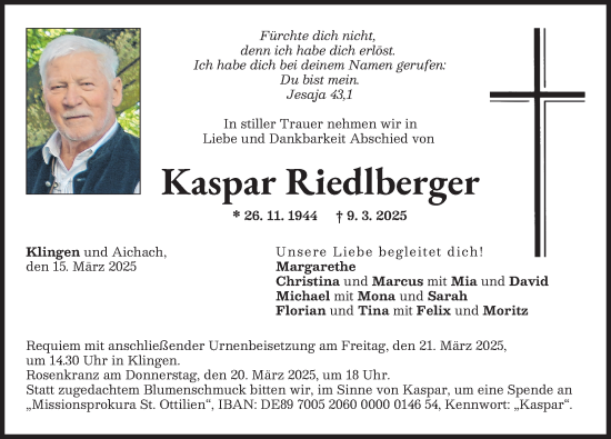 Traueranzeige von Kaspar Riedlberger von Aichacher Nachrichten