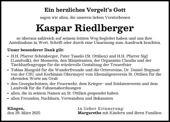Traueranzeige von Kaspar Riedlberger von Aichacher Nachrichten