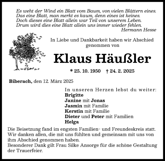 Traueranzeige von Klaus Häußler von Neu-Ulmer Zeitung