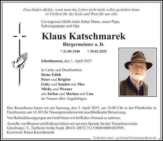 Traueranzeige von Klaus Katschmarek von Mittelschwäbische Nachrichten, Günzburger Zeitung