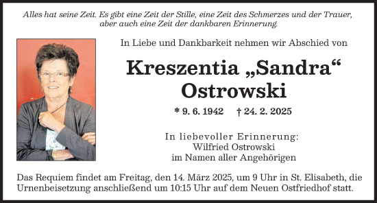 Traueranzeige von Kreszentia Ostrowski von Augsburger Allgemeine