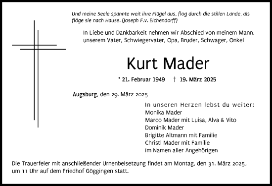 Traueranzeige von Kurt Mader von Augsburger Allgemeine