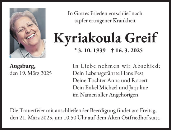 Traueranzeige von Kyriakoula Greif von Augsburger Allgemeine