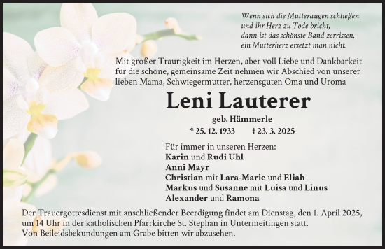 Traueranzeige von Leni Lauterer von Schwabmünchner Allgemeine