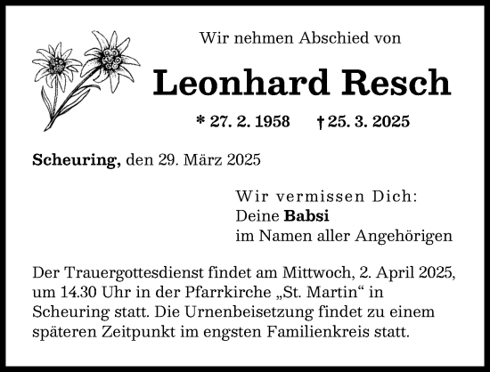 Traueranzeige von Leonhard Resch von Landsberger Tagblatt