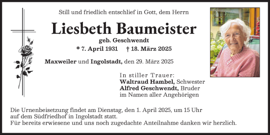 Traueranzeige von Liesbeth Baumeister von Neuburger Rundschau