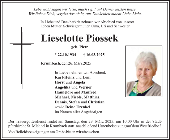 Traueranzeige von Lieselotte Piossek von Mittelschwäbische Nachrichten