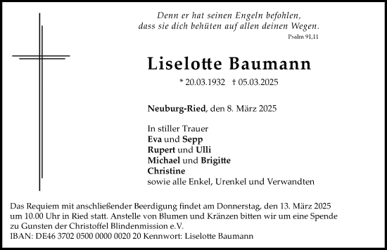 Traueranzeige von Liselotte Baumann von Neuburger Rundschau