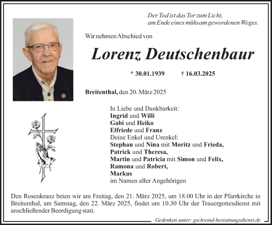 Traueranzeige von Lorenz Deutschenbaur von Mittelschwäbische Nachrichten