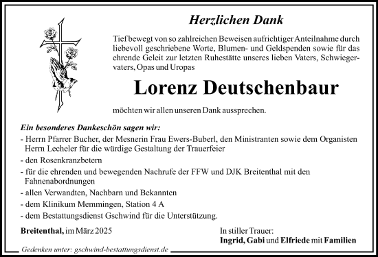 Traueranzeige von Lorenz Deutschenbaur von Mittelschwäbische Nachrichten, Illertisser Zeitung