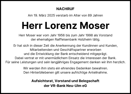 Traueranzeige von Lorenz Moser von Neu-Ulmer Zeitung