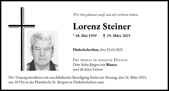Traueranzeige von Lorenz Steiner von Augsburg-Land