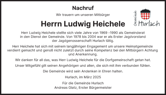 Traueranzeige von Ludwig Heichele von Landsberger Tagblatt