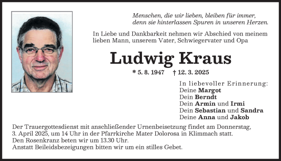 Traueranzeige von Ludwig Kraus von Schwabmünchner Allgemeine