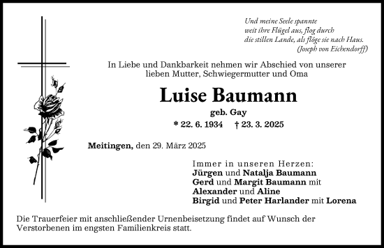Traueranzeige von Luise Baumann von Augsburg-Land
