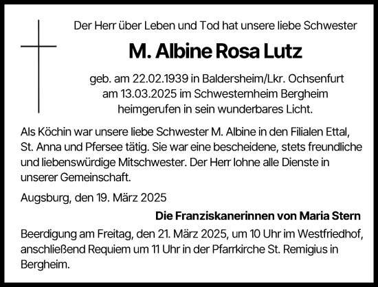 Traueranzeige von M. Albine Rosa Lutz von Augsburger Allgemeine