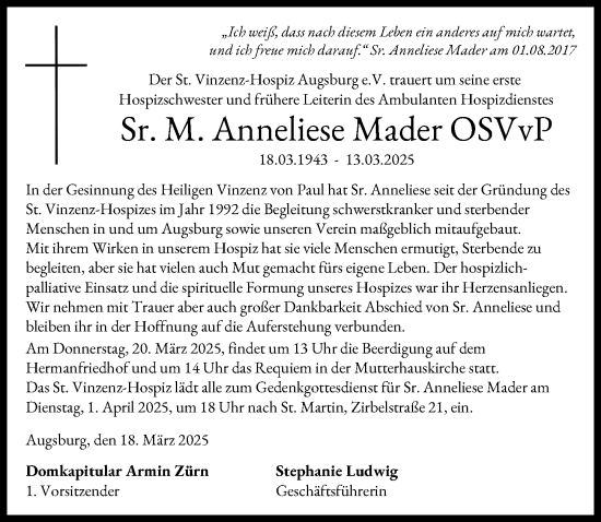 Traueranzeige von M. Anneliese Mader von Augsburger Allgemeine