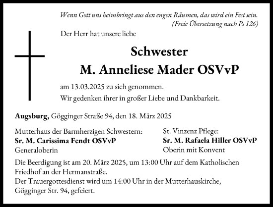 Traueranzeige von M. Anneliese Mader von Augsburger Allgemeine