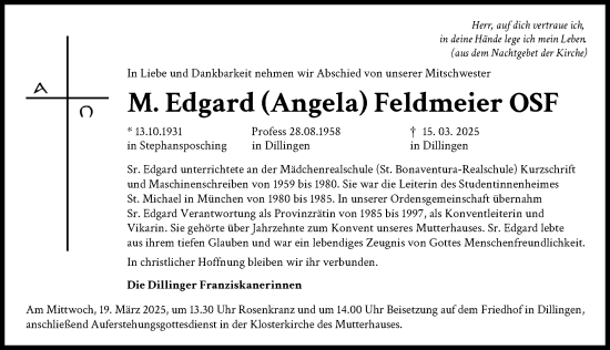 Traueranzeige von M. Edgard Feldmeier von Donau Zeitung