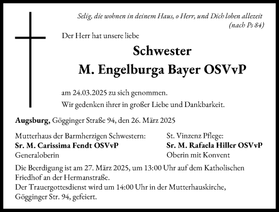 Traueranzeige von M. Engelburga Bayer von Augsburger Allgemeine