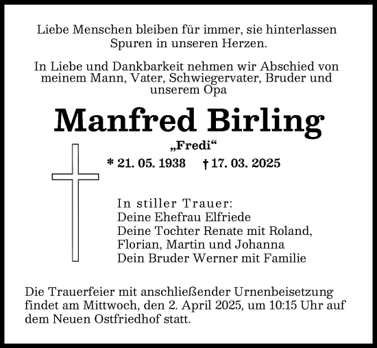 Traueranzeige von Manfred Birling von Augsburger Allgemeine