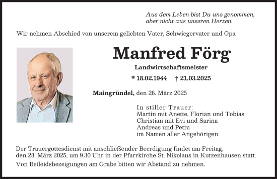 Traueranzeige von Manfred Förg von Augsburger Allgemeine, Wertinger Zeitung
