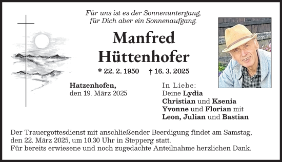 Traueranzeige von Manfred Hüttenhofer von Donauwörther Zeitung, Neuburger Rundschau