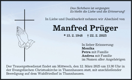 Traueranzeige von Manfred Prüger von Mittelschwäbische Nachrichten