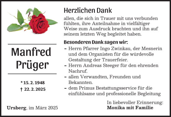 Traueranzeige von Manfred Prüger von Mittelschwäbische Nachrichten