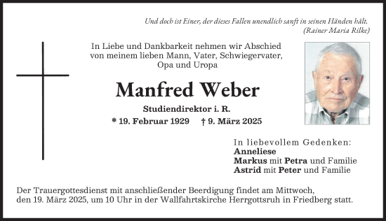 Traueranzeige von Manfred Weber von Friedberger Allgemeine, Augsburger Allgemeine