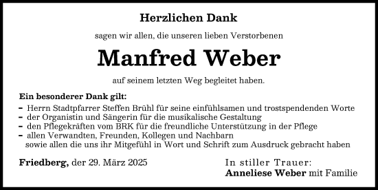 Traueranzeige von Manfred Weber von Friedberger Allgemeine