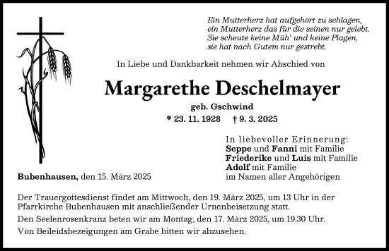 Traueranzeige von Margarethe Deschelmayer von Neu-Ulmer Zeitung